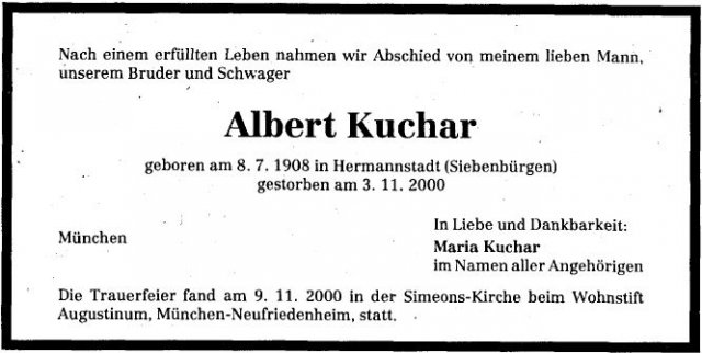 Kuchar Albert 1908-2000 Todesanzeige